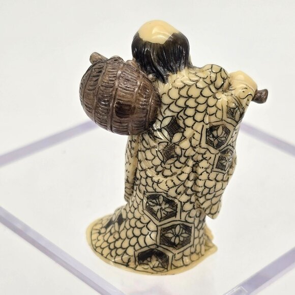 Antique Japanese Netsuke Figurine Sage Man With Basket Carved Resin JE153 - Picture 6 of 9